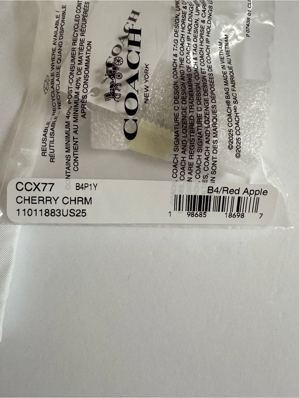 Coach CCX77 DIY Cherry Charm Brass Red Apple NWT Dust Bag